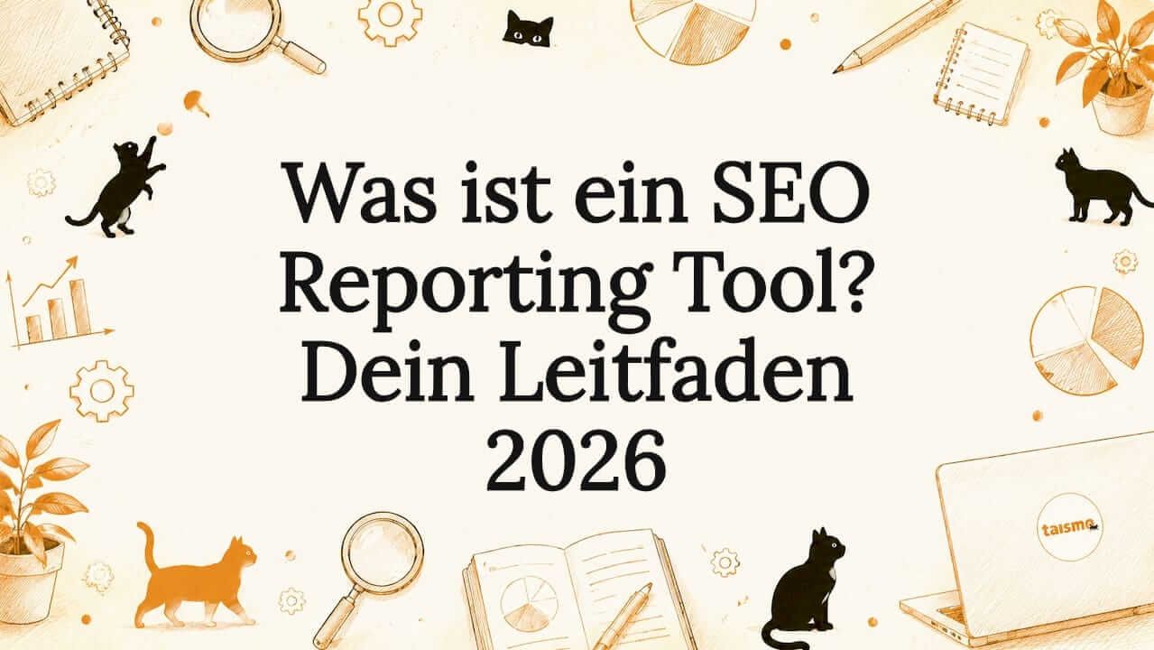 Stilvolle Titelgrafik mit schwarzen Katzen und Illustrationen rund um SEO
