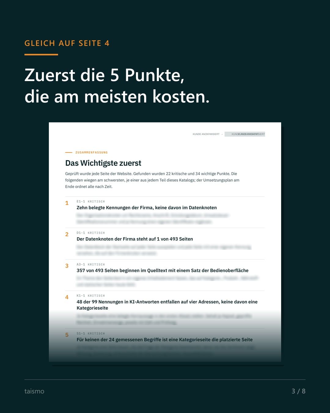 Seite Das Wichtigste zuerst aus einem anonymisierten GEO-Audit: die fünf Punkte, die am meisten kosten