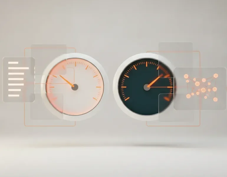 SEO und GEO im Check: Messinstrument mit zwei Skalen für Google-Rankings und KI-Sichtbarkeit in den taismo-CI-Farben Orange und Petrol