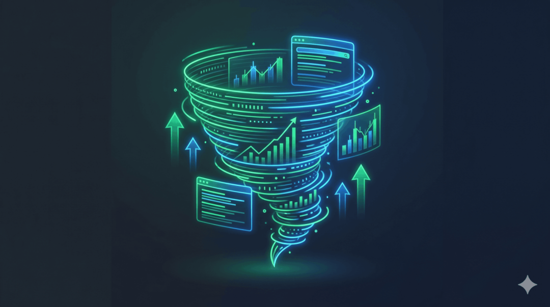 Abstrakte 3D-Grafik eines Daten-Wirbelsturms zur visuellen Darstellung von SERP-Volatilität und Google-Ranking-Schwankungen im Zuge des SEO Contests Serponado.
