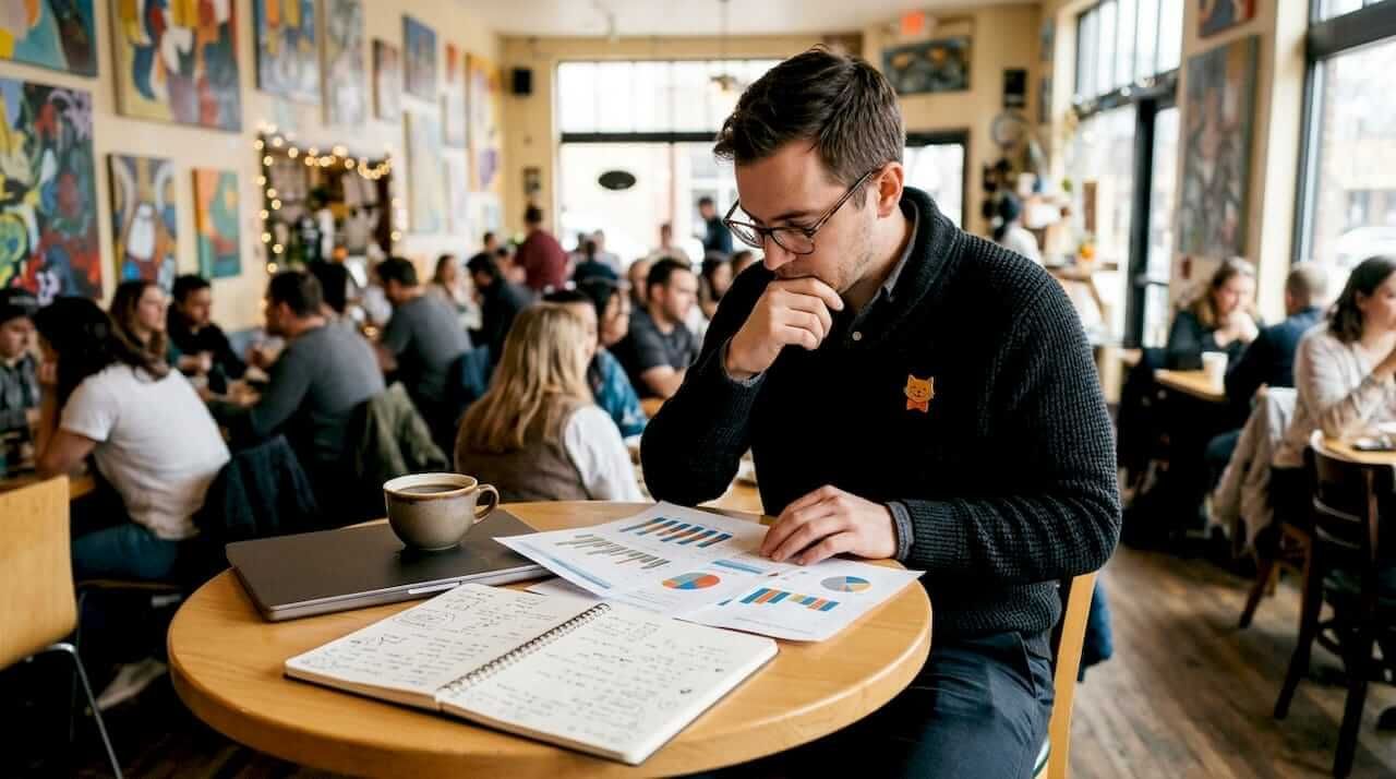 Ein SEO-Experte sitzt am Tisch und nimmt gedruckte Auswertungen genau unter die Lupe.