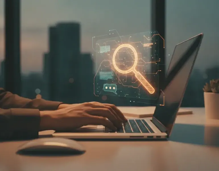 ChatGPT SEO: Hände am Laptop mit KI-Such-Hologramm und Lupe