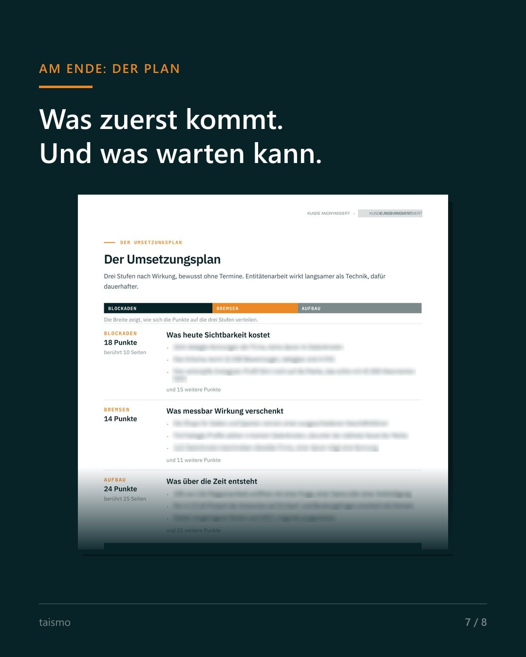 Umsetzungsplan in drei Stufen aus einem anonymisierten GEO-Audit von taismo