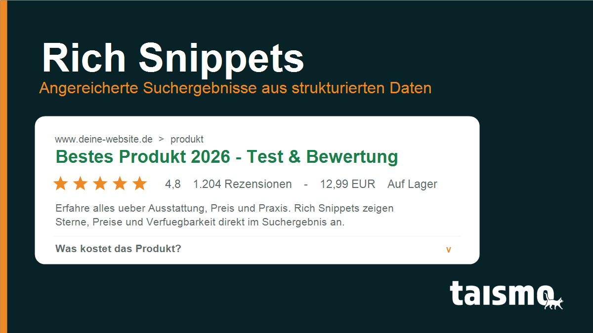 Rich Snippets erklärt: Suchergebnis mit Sterne-Bewertung, Preis, Rezensionen und FAQ aus strukturierten Daten