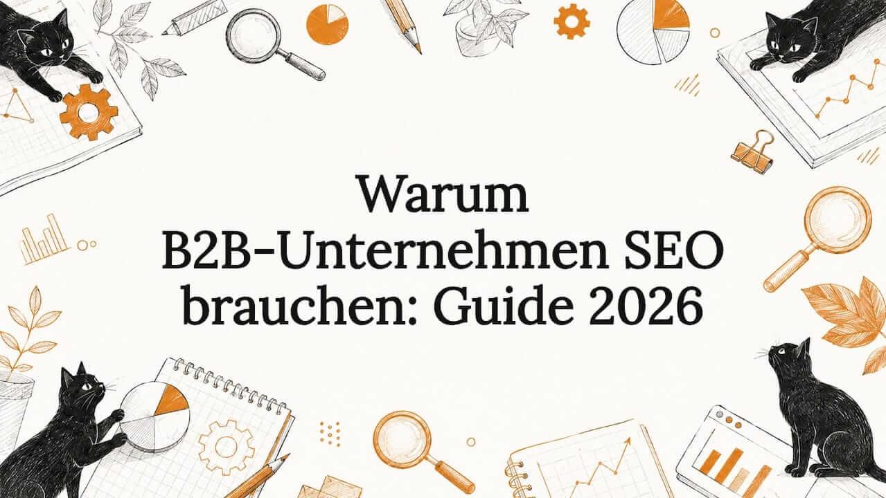 Kreatives Titelbild mit schwarzen Katzen und typischen SEO-Elementen, das für Aufmerksamkeit sorgt.