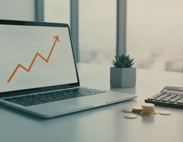 Was kostet SEO: Laptop mit steigender Wachstumskurve, Taschenrechner und Münzen