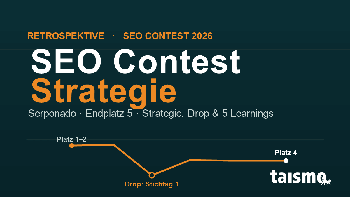 SEO Contest Strategie – Ranking-Verlauf von taismo beim Serponado-Contest 2026 mit dem Drop an Stichtag 1 und der Rückkehr auf Platz 4, mit taismo-Logo SEO Contest Strategie – Ranking-Verlauf von taismo beim Serponado-Contest 2026 mit dem Drop an Stichtag 1 und der Rückkehr auf Platz 4, mit taismo-Logo