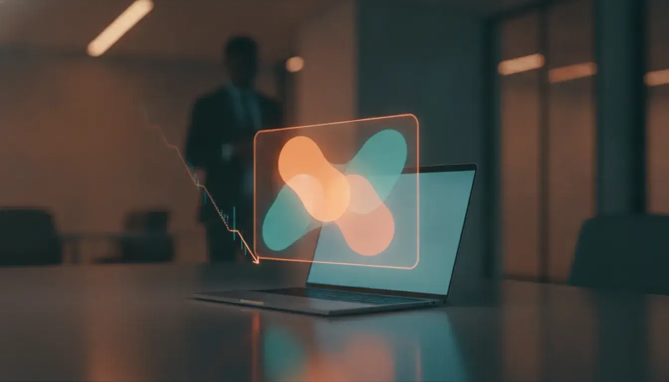 Google AI Overviews: KI-Antwort über Laptop mit sinkender Traffic-Kurve