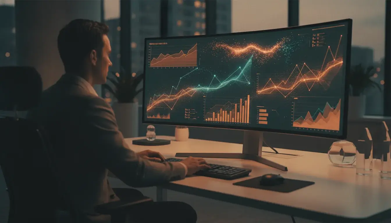 Search Console KI-Report: Person analysiert Sichtbarkeits-Dashboard auf großem Monitor