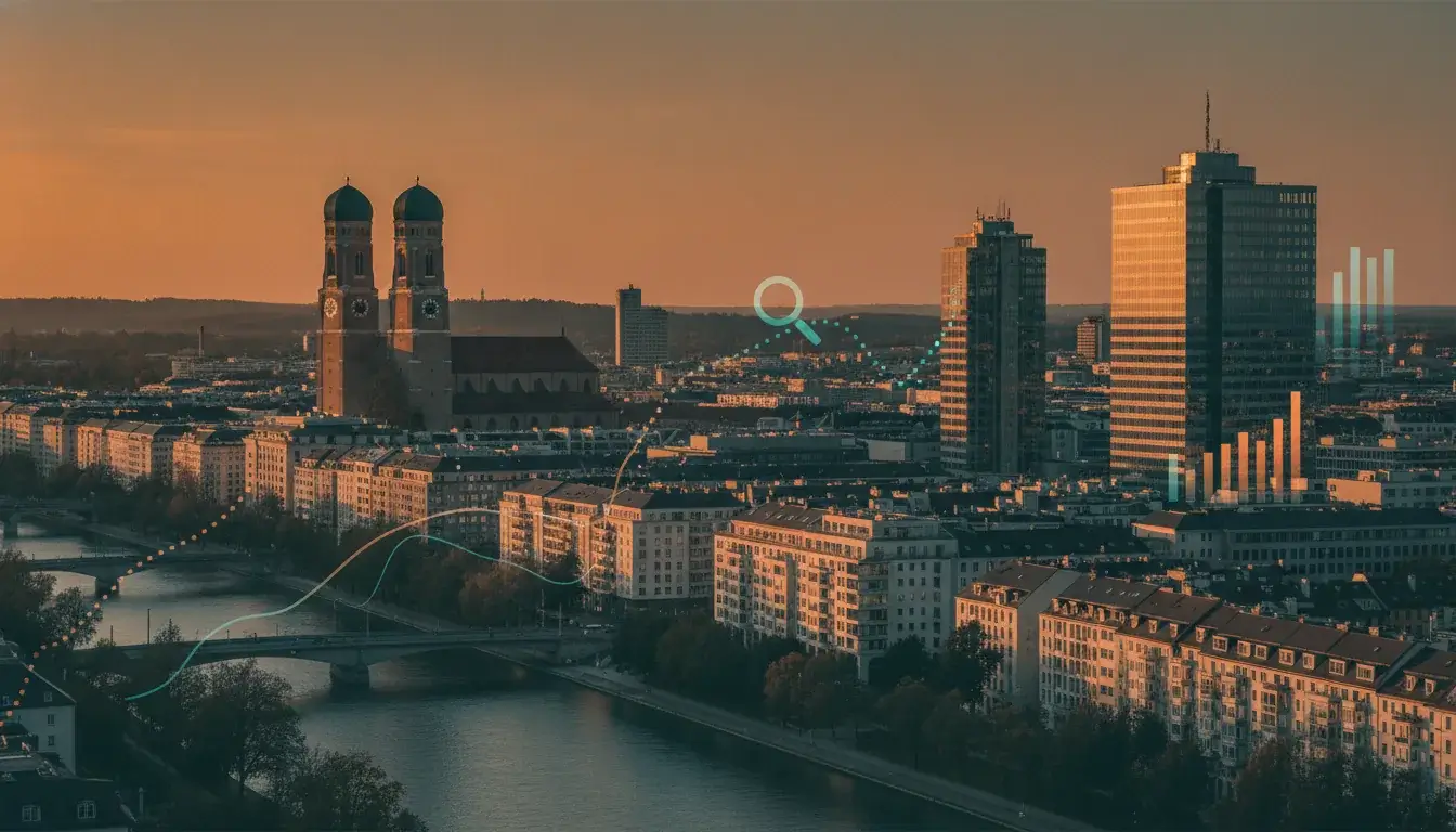 SEO in München: Frauenkirche und moderne Bürotürme mit dezenten Such- und Datensymbolen