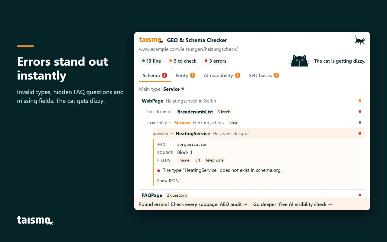 GEO audit: check every subpage GEO & Schema Checker: Schema tab of a demo page with three errors, highlighting the type HeatingService, which does not exist in schema.org