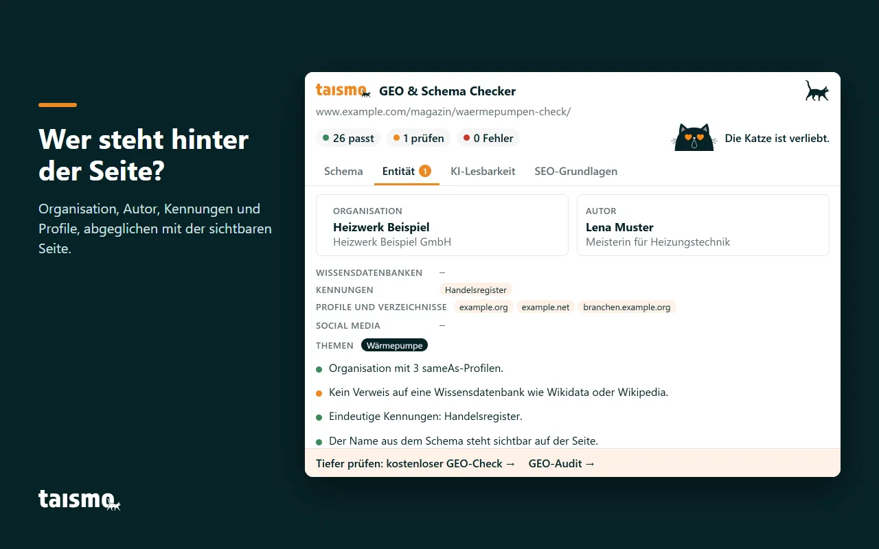 GEO & Schema Checker, Reiter Entität: Organisation, Autor, Kennungen und Profile einer Beispielseite