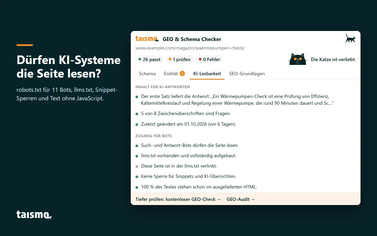 GEO & Schema Checker, Reiter KI-Lesbarkeit: robots.txt für KI-Bots, llms.txt, Snippet-Sperren und Text ohne JavaScript