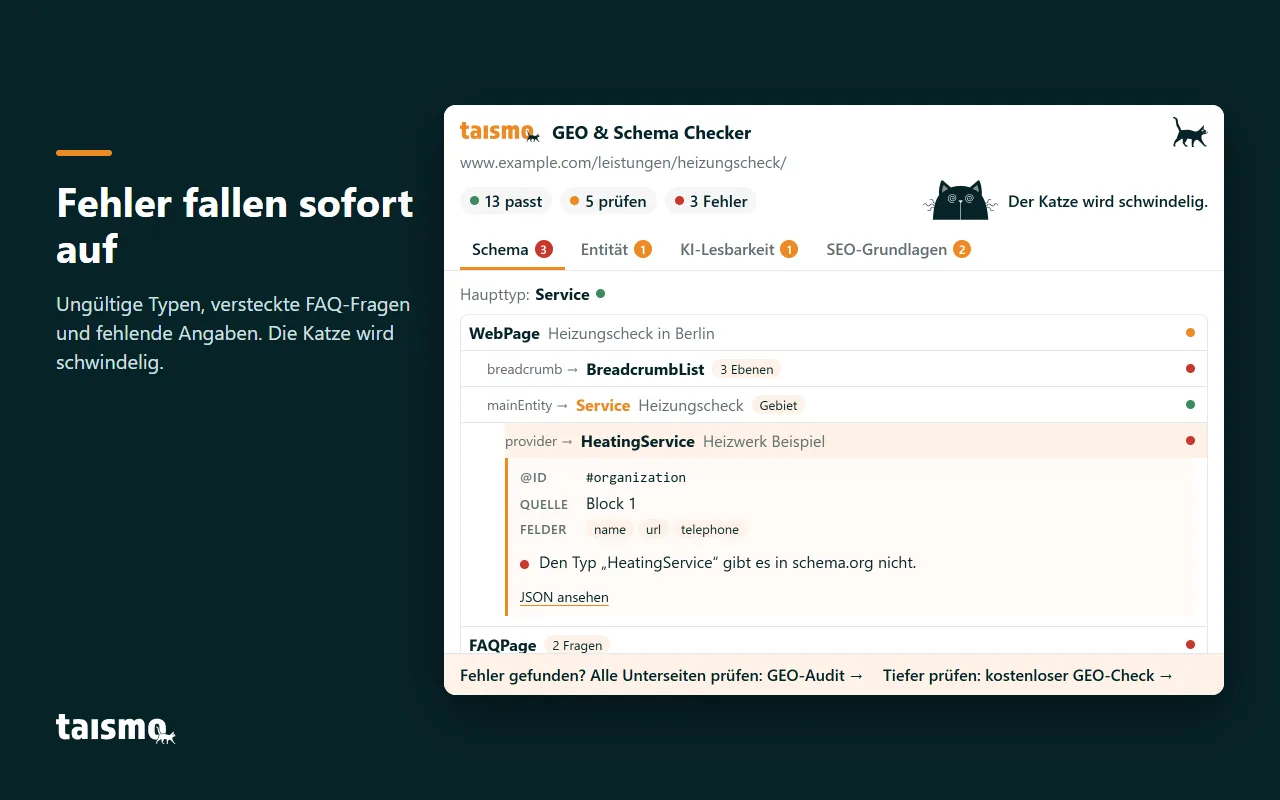 Schema Checker meldet Fehler: einen Typ, den es in schema.org nicht gibt, und FAQ-Fragen ohne sichtbares Gegenstück auf einer Beispielseite