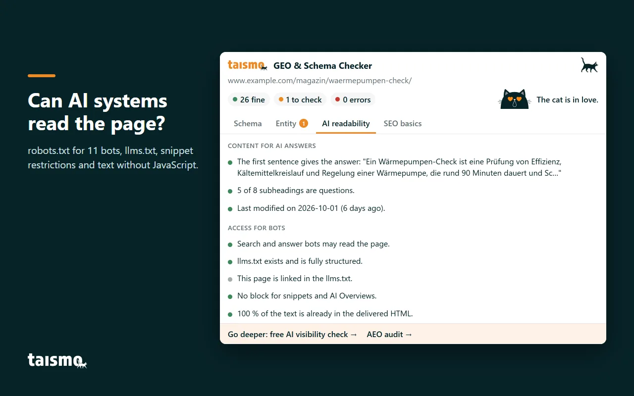 Schema markup checker: AI readability tab GEO & Schema Checker, AI readability tab: robots.txt for AI bots, llms.txt, snippet restrictions and text without JavaScript