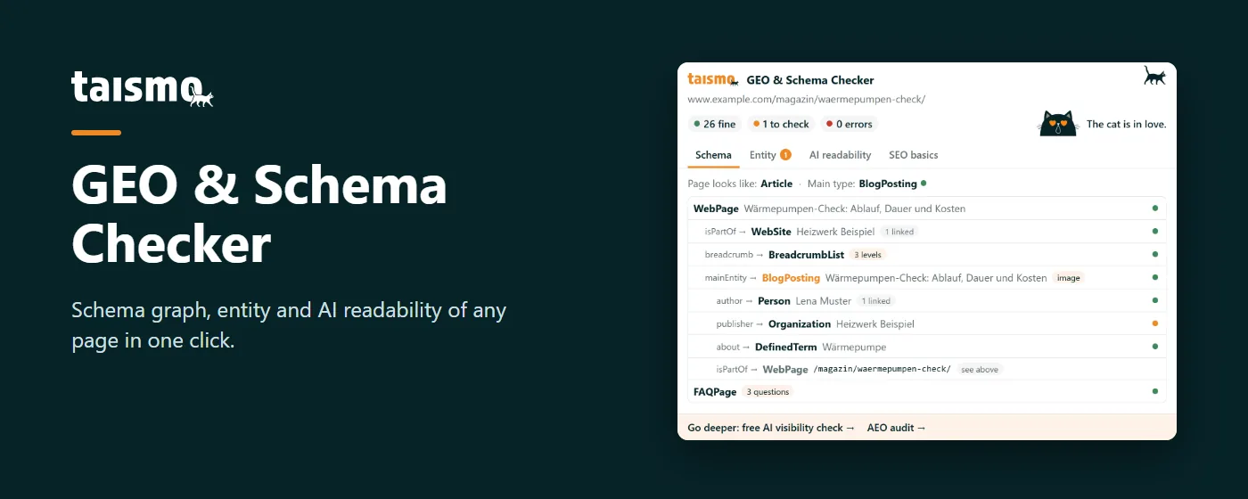 GEO & Schema Checker by taismo: Chrome extension showing the schema graph, entity and AI readability of a page