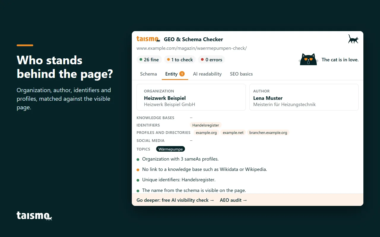 Schema markup checker: Entity tab GEO & Schema Checker, Entity tab: organization, author, identifiers and profiles of a sample page